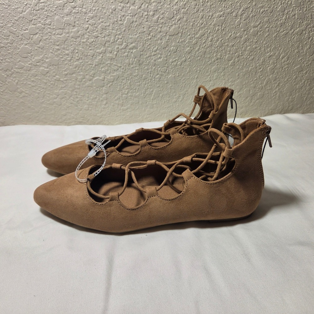 Seychelles Tan Faux Suede Lace Up Pointed Toe Ballet Flats Memory Foam Size 9